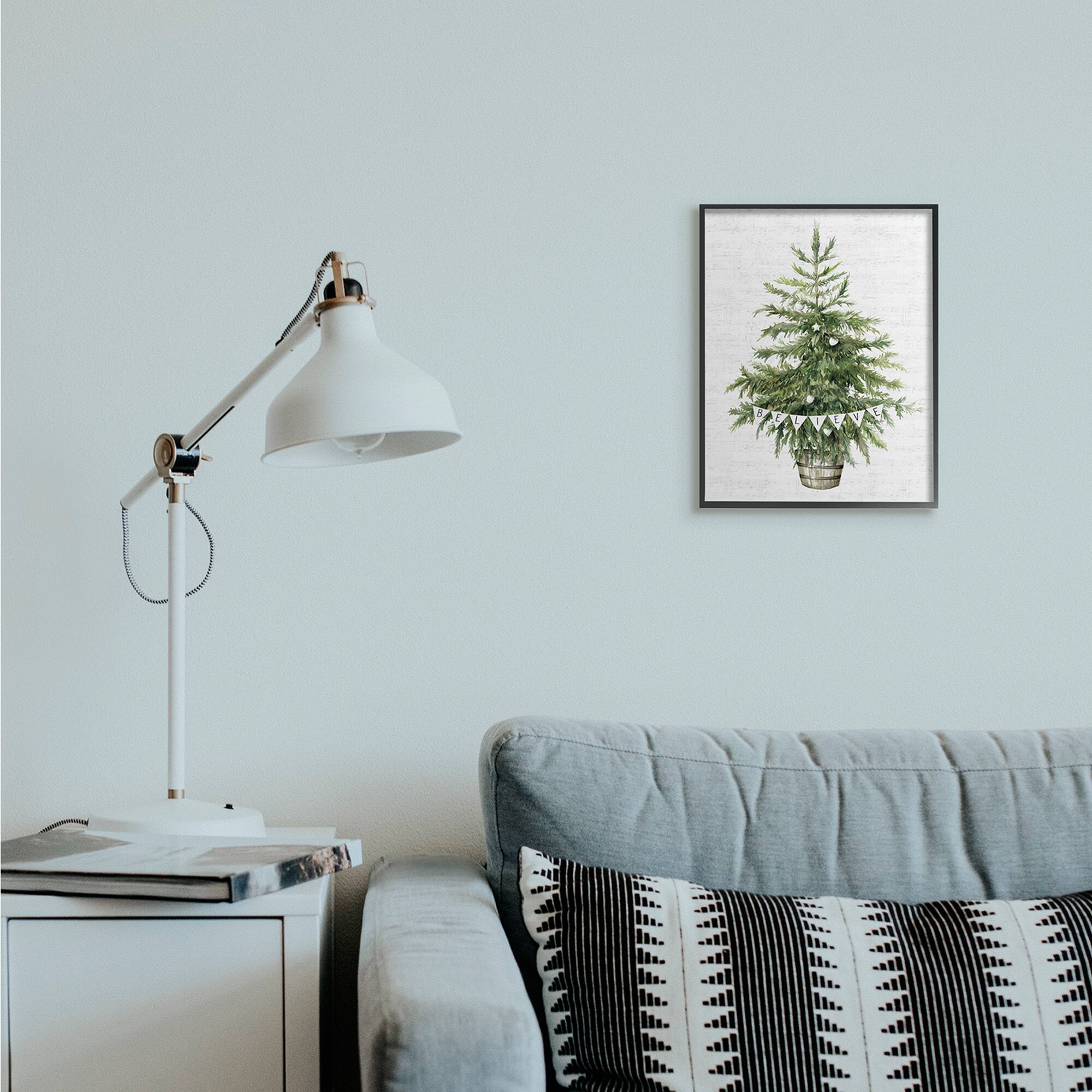 Stupell Industries Holiday Green Fir Tree with Believe Phrase Framed Wall Art